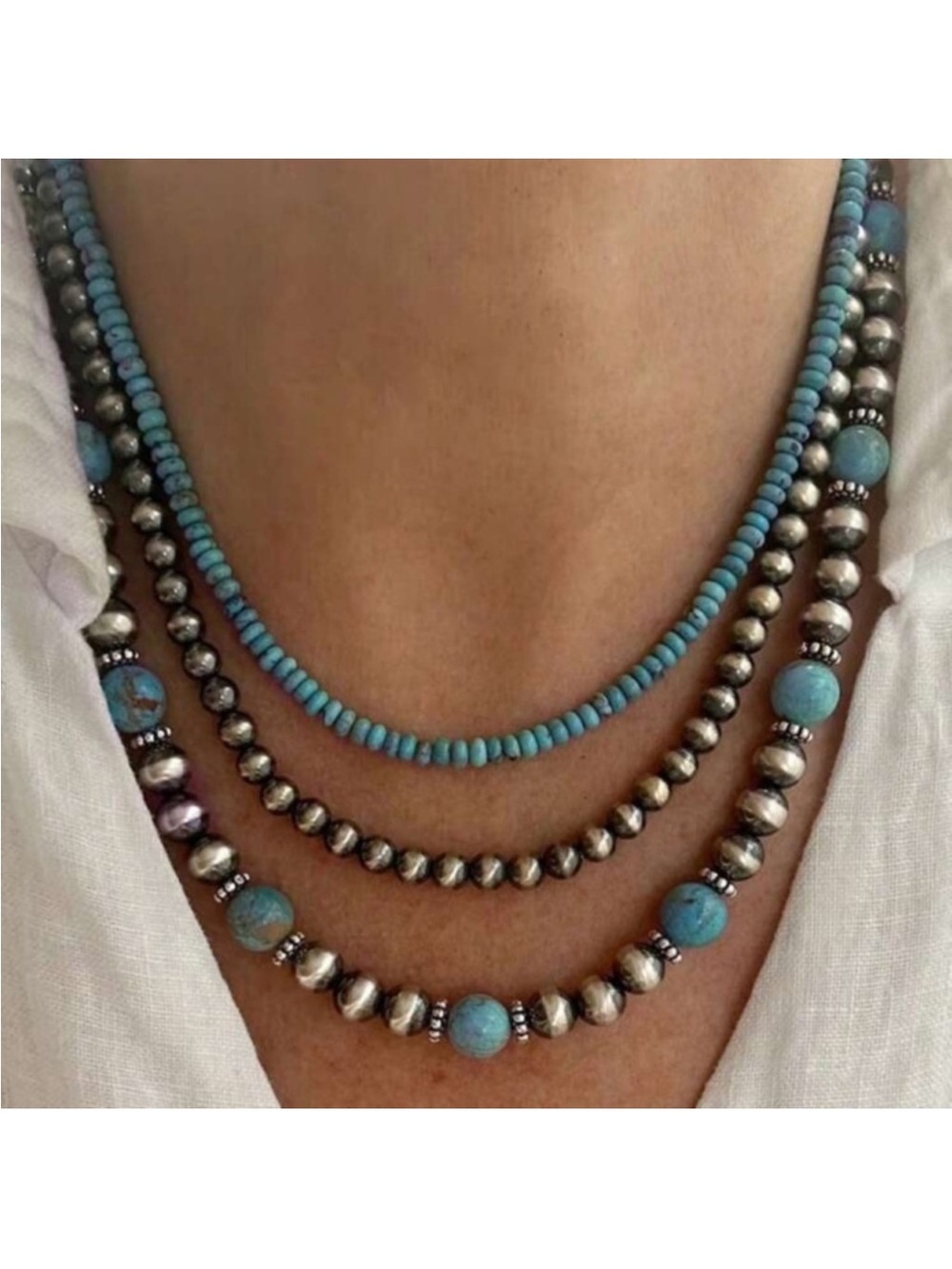 Bohemian Western Turquoise Pewter Layered Beaded Necklace Set